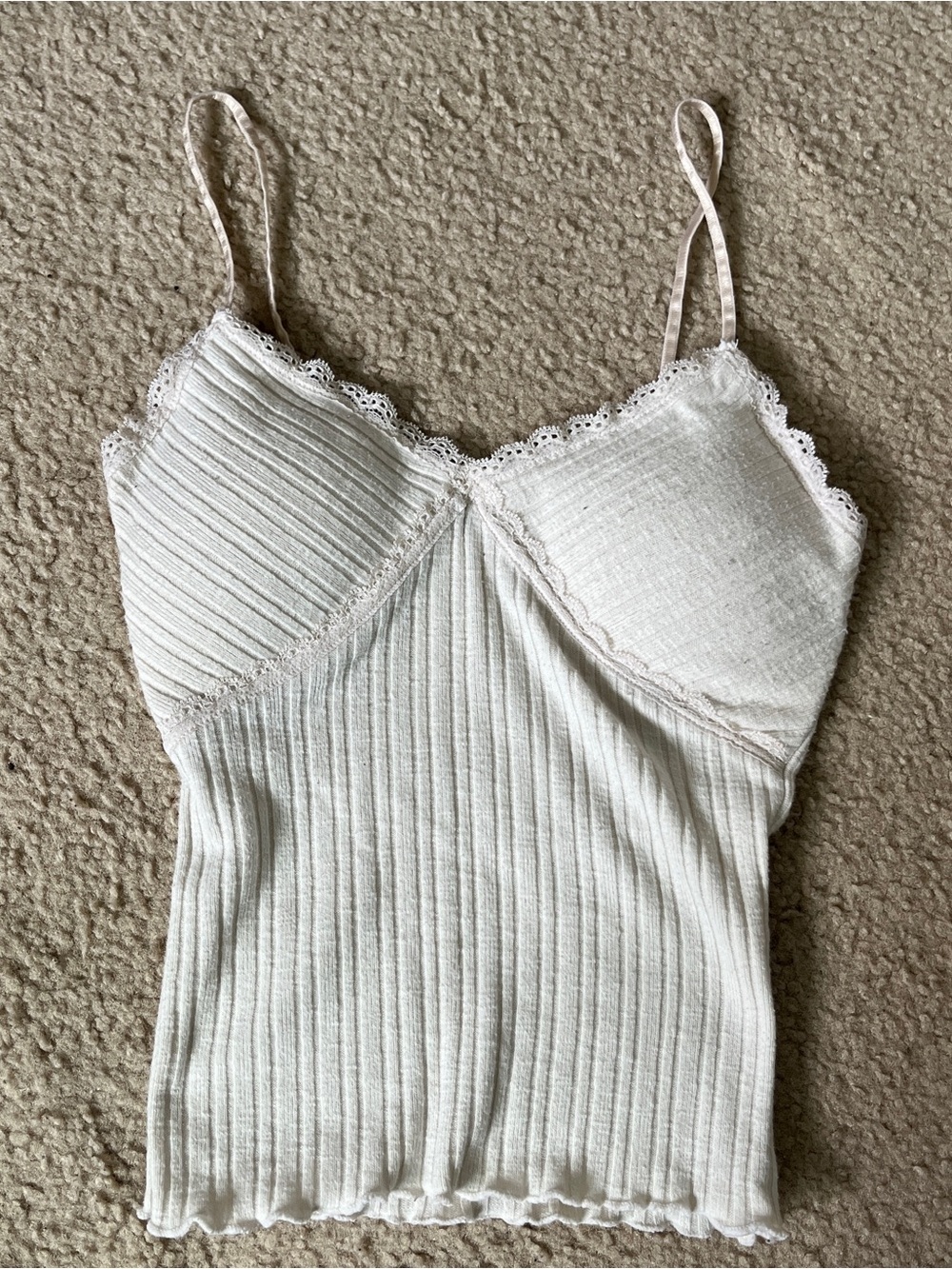 Women's Ivory Ribbed Lace-Trim Cami Tank Top